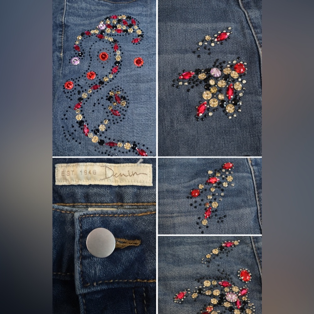 C. EST 1946 Embellished Blue Straight-Leg Jeans with Colorful Bead Accents EUC - Picture 4 of 6